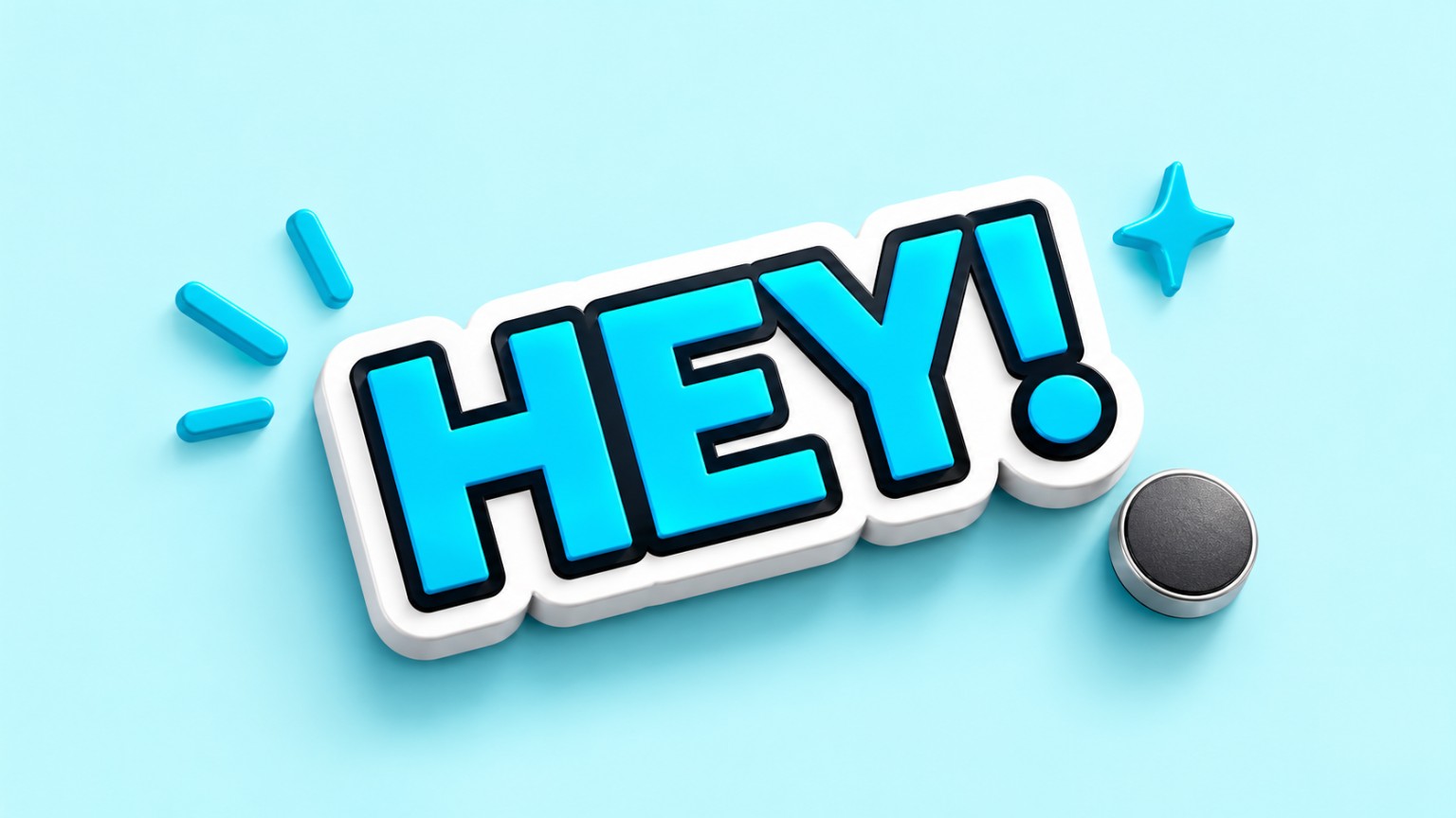 HEY!-Kühlschrankmagnet in Cyan mit weißem Rand und rundem Magneten