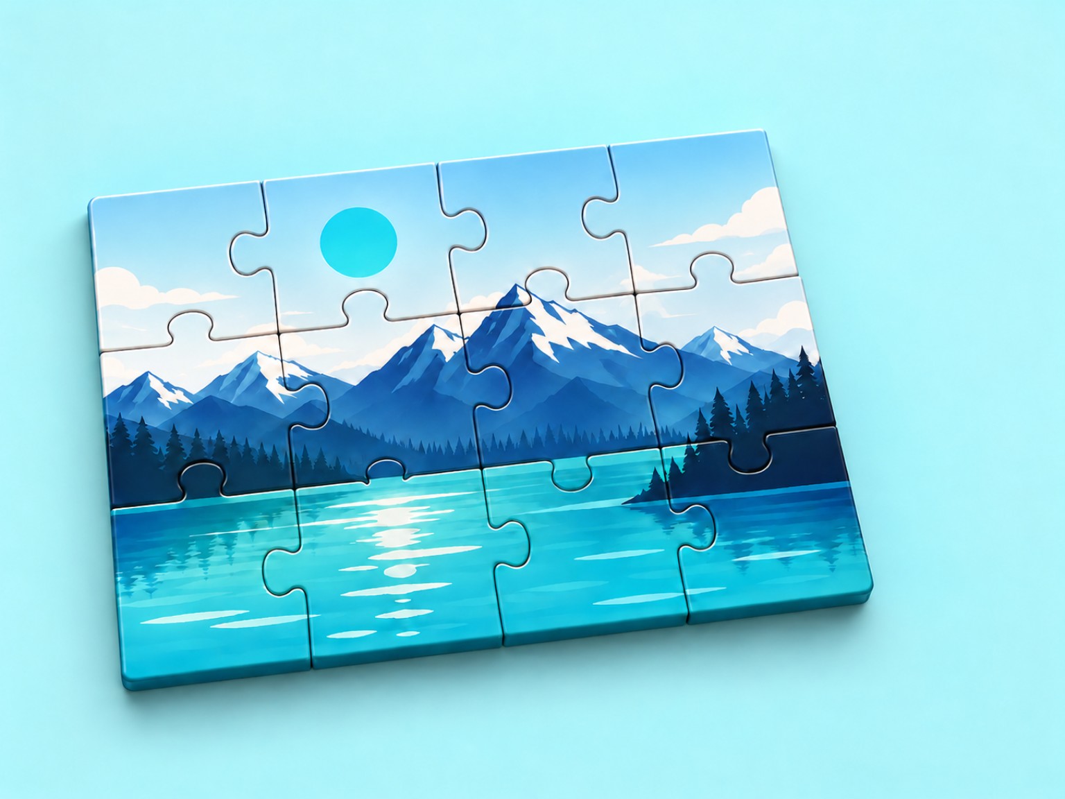 Zusammengesetztes Bildpuzzle mit Berglandschaft und türkisblauem See
